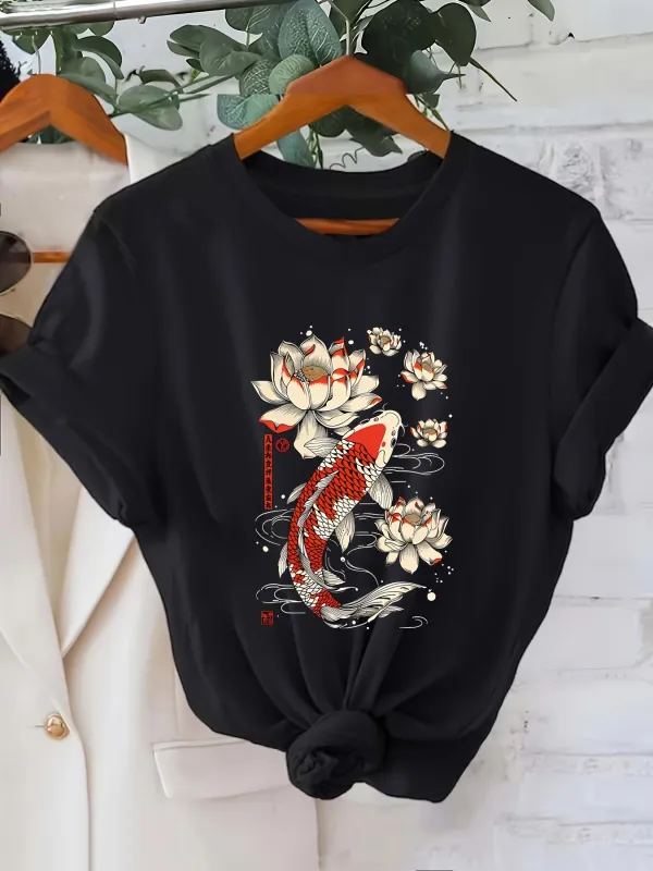 Tailorly Women's Printed Tee - Elegant Red Koi Swimming Among Lotus Flowers On Water made by Tailorly