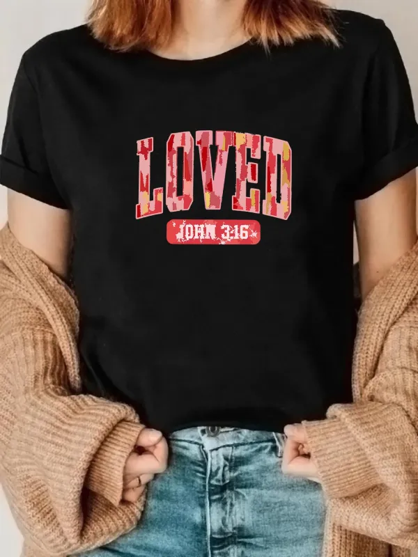Tailorly Women's Printed Tee - Loved With Vibrant Lettering And Script Under Sunlit Shadows T Shirt made by Tailorly