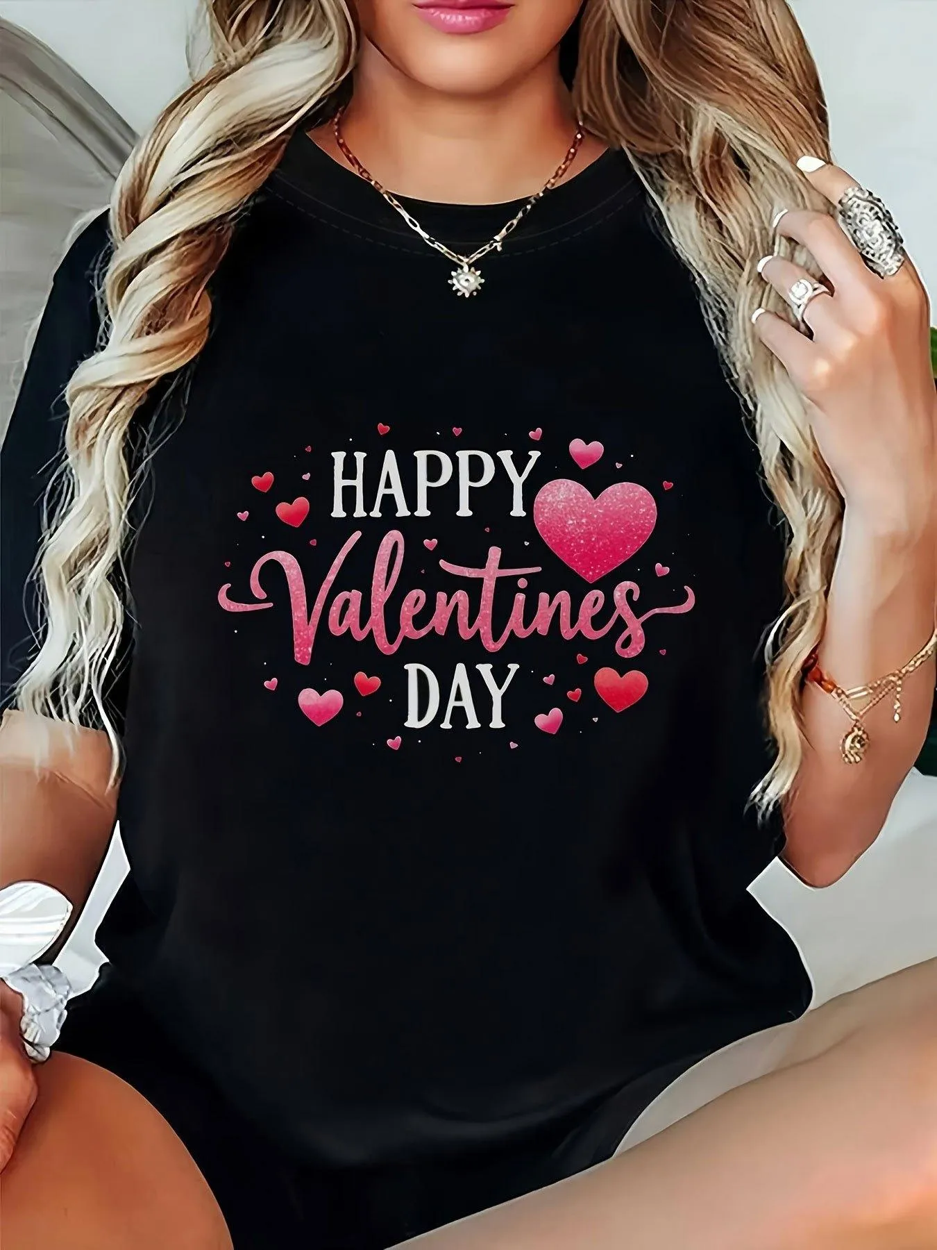 Tailorly Women's Printed Tee - Happy Valentines Day With Scattered Pink Hearts And Glittering Heart sold by Tailorly