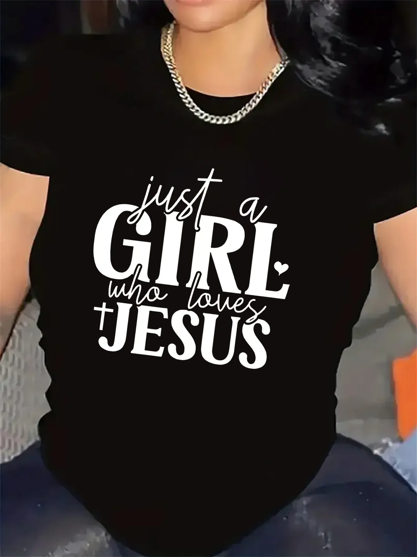 Tailorly Women's Printed Tee - Just A Girl Who Loves Jesus In Bold Script Typography sold by Tailorly