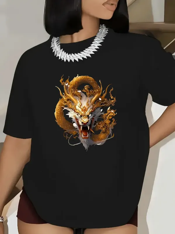 Tailorly Women's Printed Tee - Fiery Golden Flames Encircling Roaring Mythical Dragon Head made by Tailorly