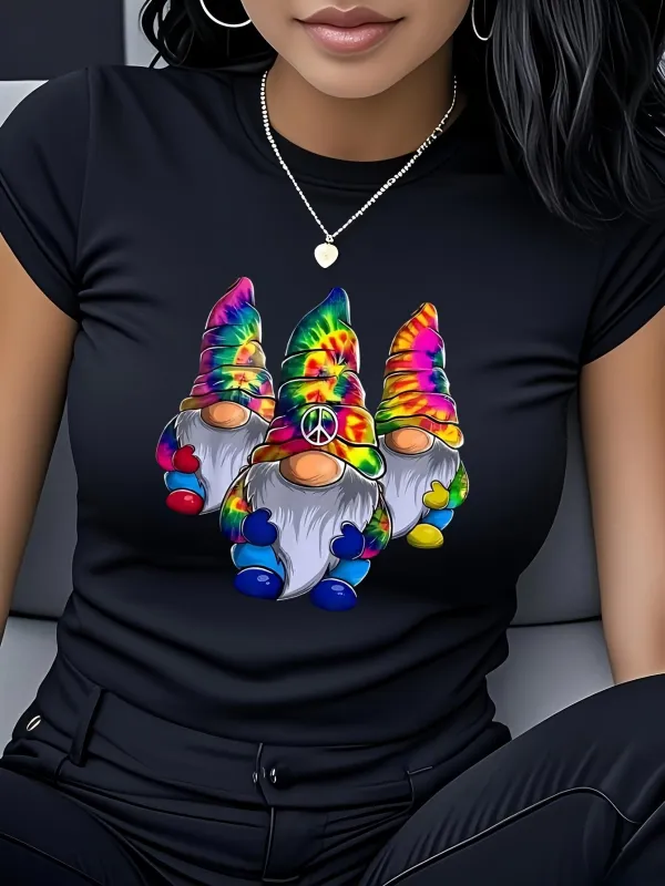 Tailorly Women's Printed Tee - Colorful Tie Dye Patterns With Bearded Gnome Figures Peaceful Gnome made by Tailorly