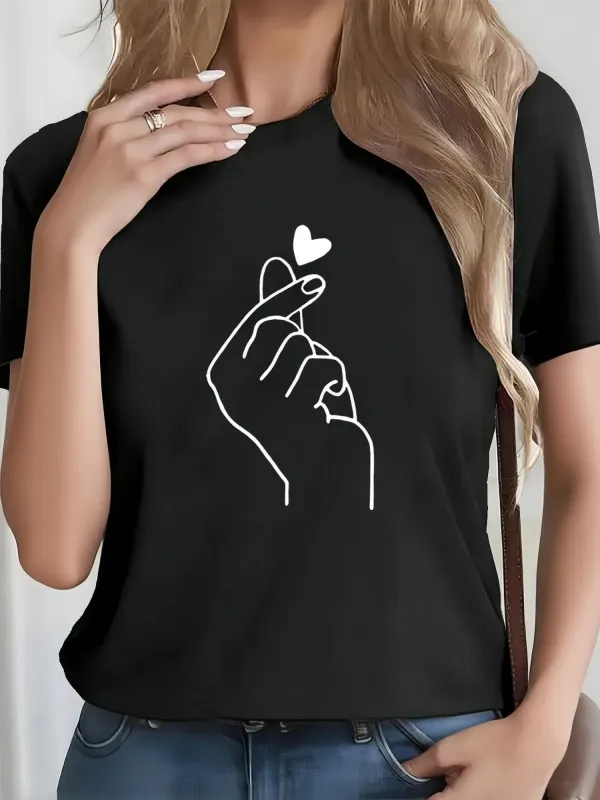 Tailorly Women's Printed Tee - Outlined Hand With Minimalist Heart Graphic Gesture made by Tailorly
