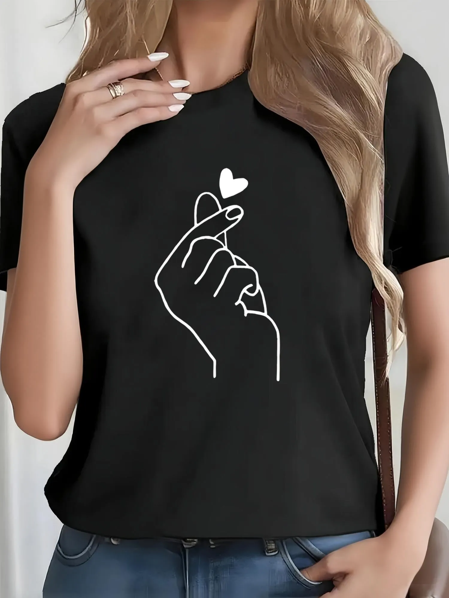 Tailorly Women's Printed Tee - Outlined Hand With Minimalist Heart Graphic Gesture sold by Tailorly