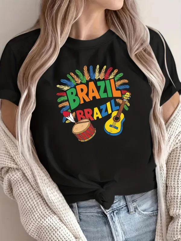 Tailorly Women's Printed Tee - Brazil Text With Carnival Colors Around Drum And Guitar made by Tailorly