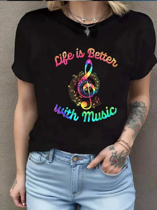 Tailorly Women's Printed Tee - Life Is Better With Rainbow Neon Sparkling Music Note made by Tailorly