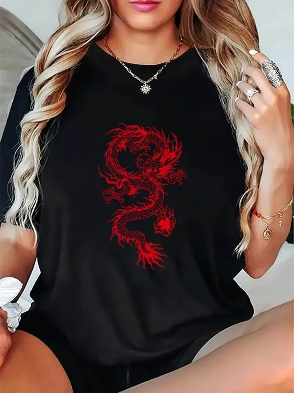 Tailorly Women's Printed Tee - Blazing Fiery Red Lines Forming A Mystical Oriental Dragon made by Tailorly