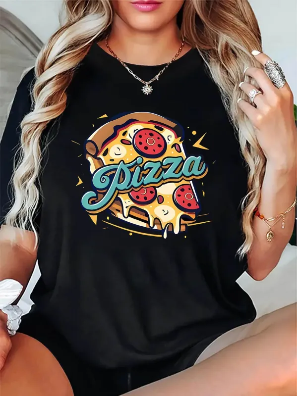 Tailorly Women's Printed Tee - Pizza Melting Cheese With Peppers And Colorful Cartoon Style Pizza made by Tailorly