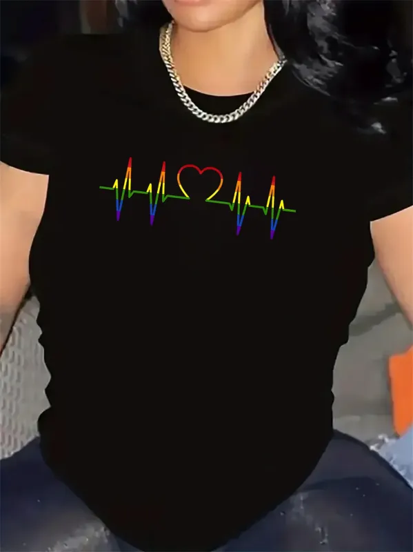Tailorly Women's Printed Tee - Vibrant Rainbow Colored Heartbeat Line With Central Heart Symbol made by Tailorly