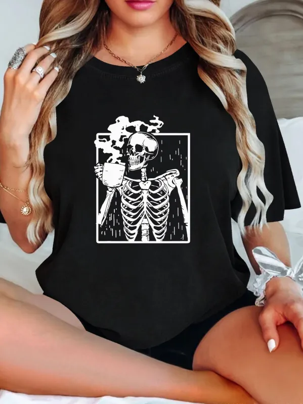Tailorly Women's Printed Tee - Monochrome Skeleton With Flowers Surrounded By Abstract Framing Skeleton made by Tailorly