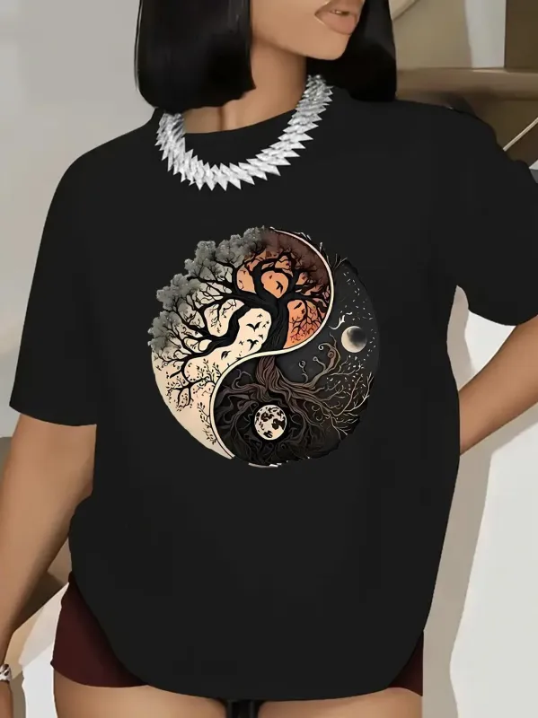 Tailorly Women's Printed Tee - Intricate Yin Yang With Trees Under Sun And Moon Symbol made by Tailorly