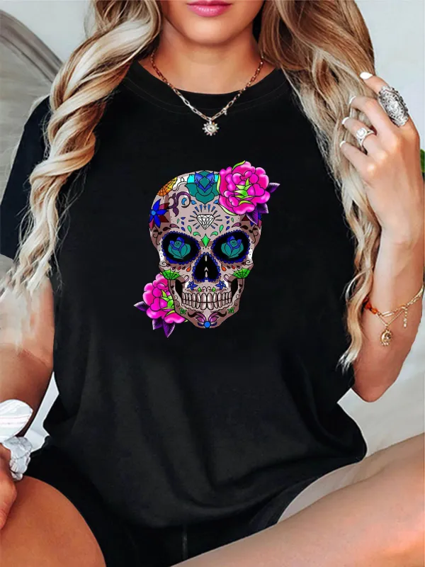 Tailorly Women's Printed Tee - Vivid Floral Ornaments With Colorful Patterns Embellishing Decorative Skull made by Tailorly