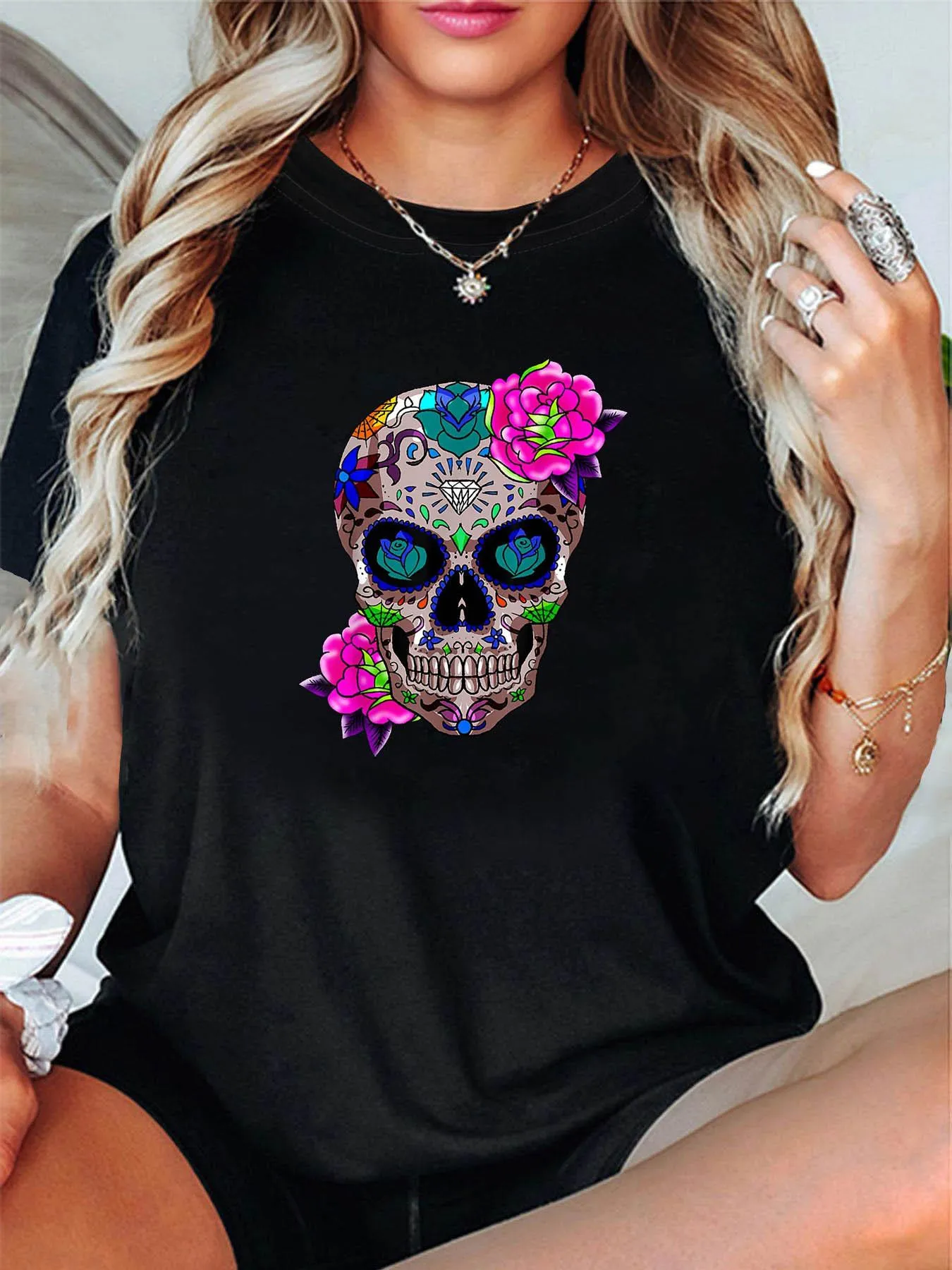 Tailorly Women's Printed Tee - Vivid Floral Ornaments With Colorful Patterns Embellishing Decorative Skull sold by Tailorly