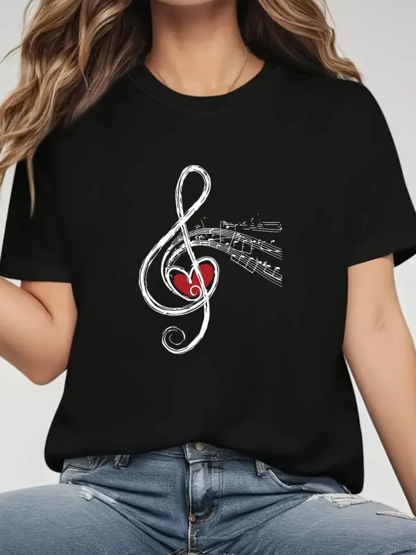 Tailorly Women's Printed Tee - Sparkling Musical Notes With Heart Shaped Centerpiece Treble Clef made by Tailorly