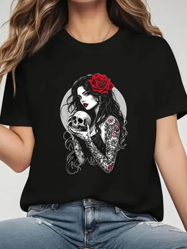 Tailorly Women's Printed Tee - Tattooed Woman With Red Rose Holding A Human Skull made by Tailorly