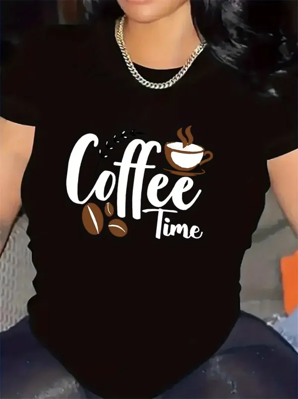 Tailorly Women's Printed Tee - Coffee Time Steaming Cup With Scattered Beans And Playful Lettering made by Tailorly