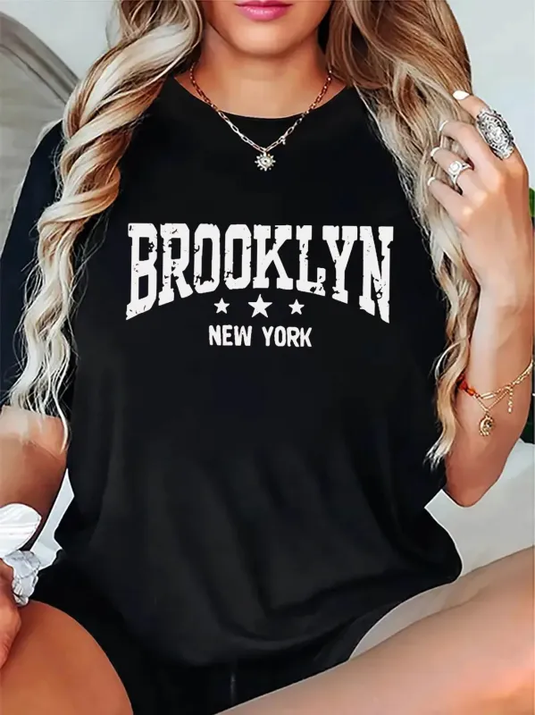 Tailorly Women's Printed Tee - Brooklyn New York With Bold Block Lettering Among Shining White Stars T Shirt made by Tailorly