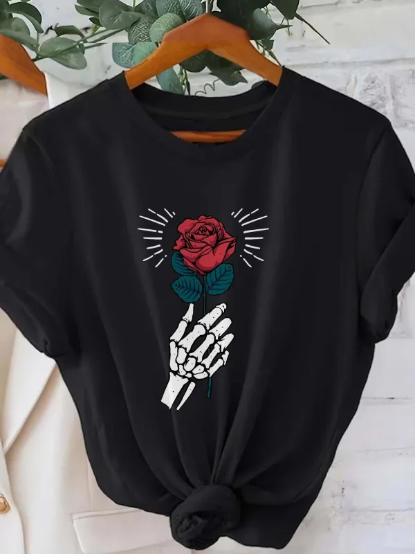 Tailorly Women's Printed Tee - Radiant Rose Held By A Skeleton Hand Under Shining Light made by Tailorly