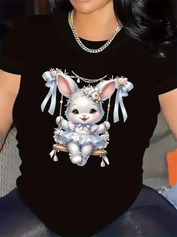 Tailorly Women's Printed Tee - Pink Flowers Blue Ribbon Swinging Fluffy Bunny Under Garland Bunny made by Tailorly