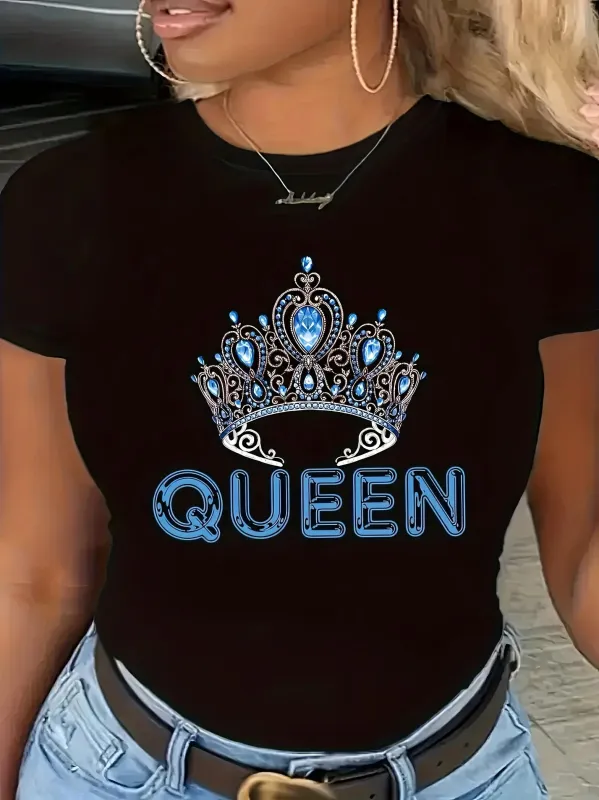 Tailorly Women's Printed Tee - Blue Jewelled Crown With Lettering Among Sparkling Gemstone Accents Queen made by Tailorly
