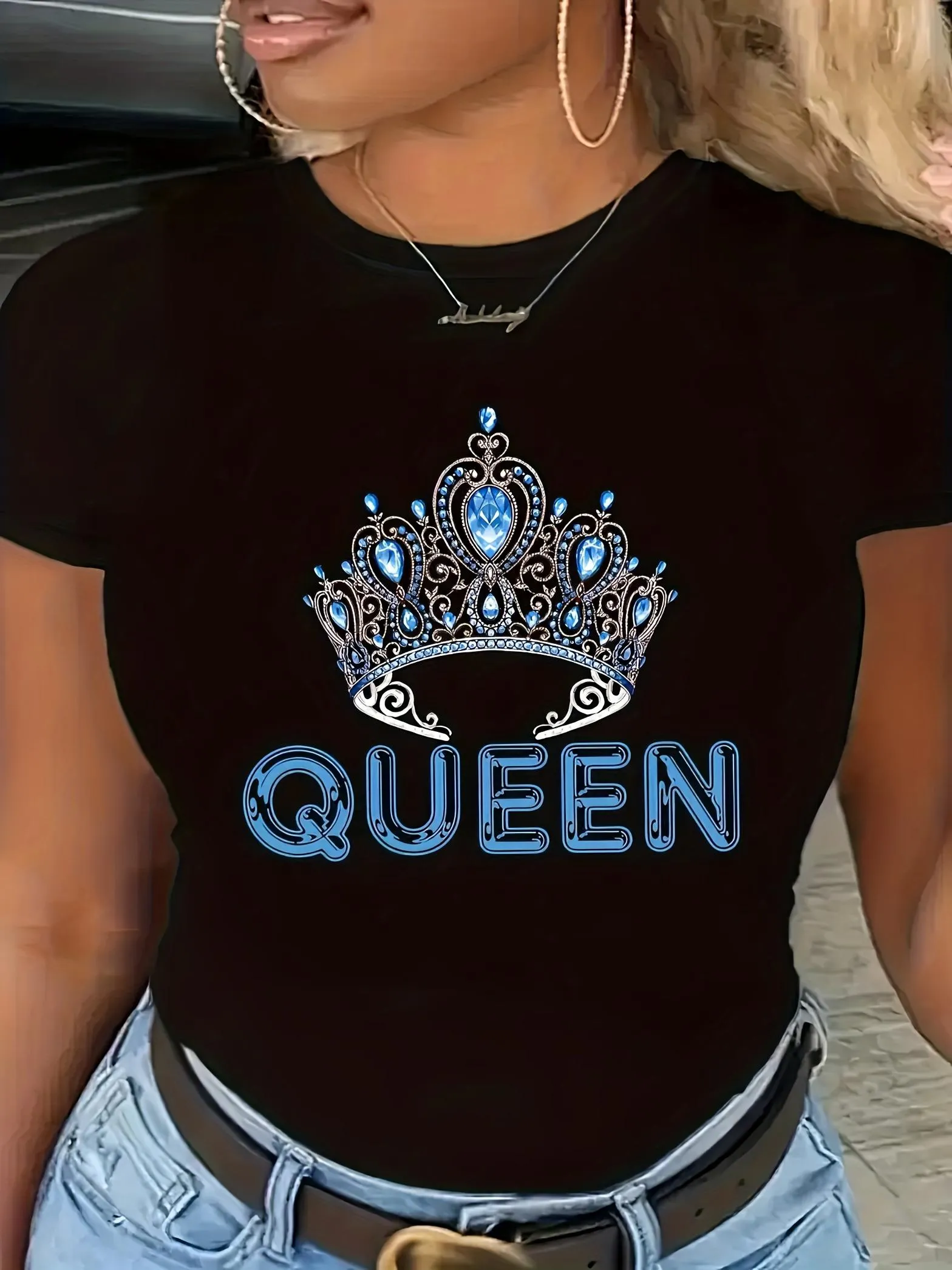 Tailorly Women's Printed Tee - Blue Jewelled Crown With Lettering Among Sparkling Gemstone Accents Queen sold by Tailorly