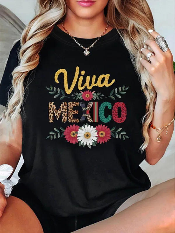 Tailorly Women's Printed Tee - Viva Mexico With Bright Flowers Under Lively Bold Lettering made by Tailorly