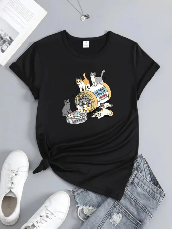 Tailorly Women's Printed Tee - Playful Curious Cats With Yarn Balls And Cozy Basket made by Tailorly