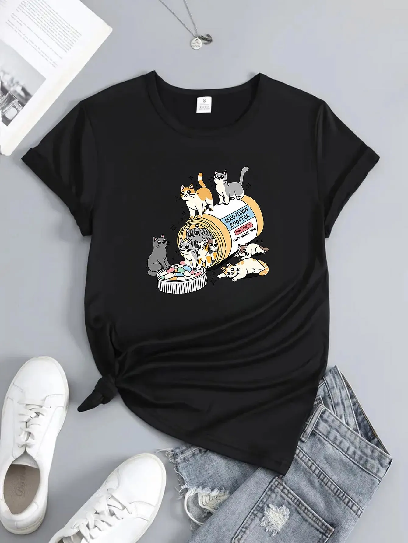 Tailorly Women's Printed Tee - Playful Curious Cats With Yarn Balls And Cozy Basket sold by Tailorly