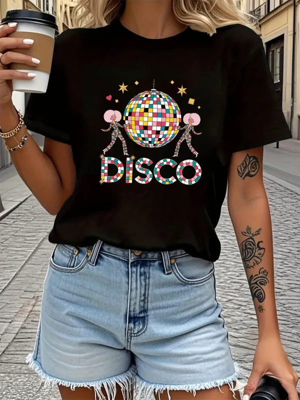 Tailorly Women's Printed Tee - Disco Ball With Dancing Figures And Glittering Stars At Night Disco made by Tailorly