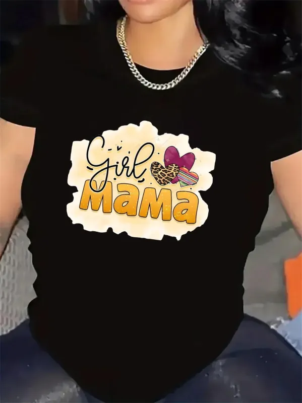 Tailorly Women's Printed Tee - Girl Mama Pink Leopard Print Bow With Scribble Paint Patch Mama made by Tailorly