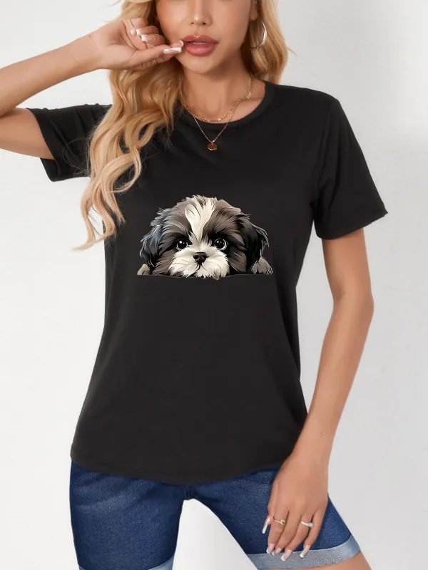 Tailorly Women's Printed Tee - Fluffy Puppy Staring With Bright Eyes And Soft Fur Dog made by Tailorly
