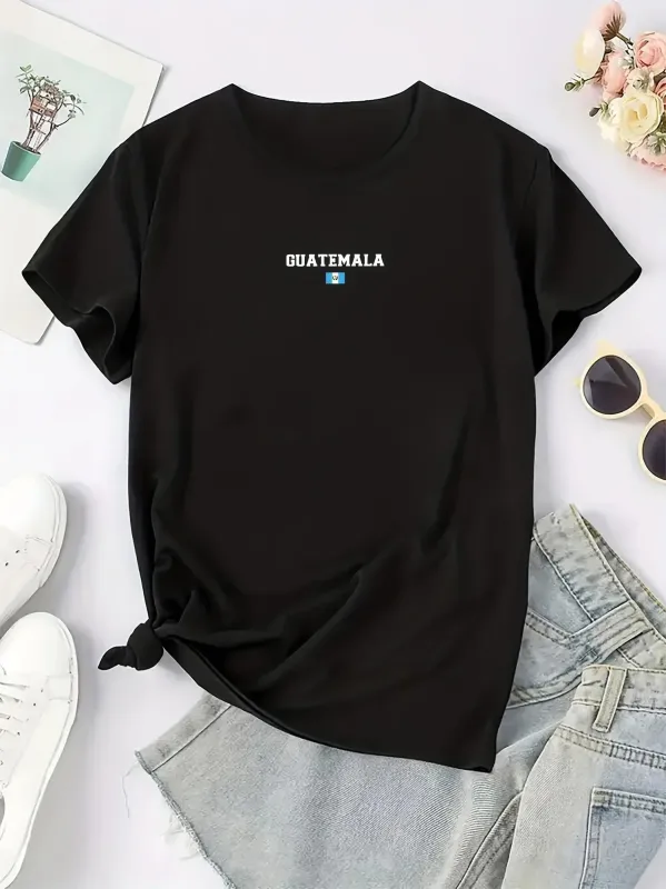 Tailorly Women's Printed Tee - Guatemala Minimal Flag Print Centered Letters Black T Shirt made by Tailorly