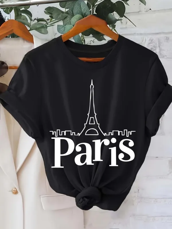 Tailorly Women's Printed Tee - Paris Night View With Illuminated Eiffel Tower Silhouette And City Skyline made by Tailorly