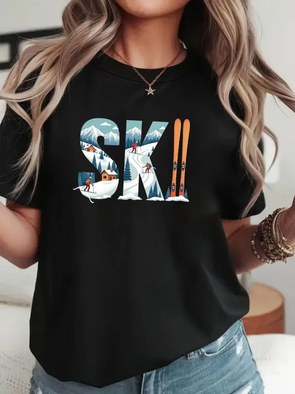 Tailorly Women's Printed Tee - Snowcapped Mountains With Tiny Skiers Enjoying Winter Adventure Ski made by Tailorly