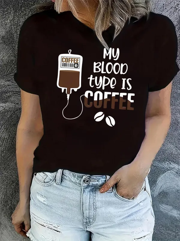 Tailorly Women's Printed Tee - My Blood Type Is Coffee Bag Graphic With Roasted Beans Coffee made by Tailorly