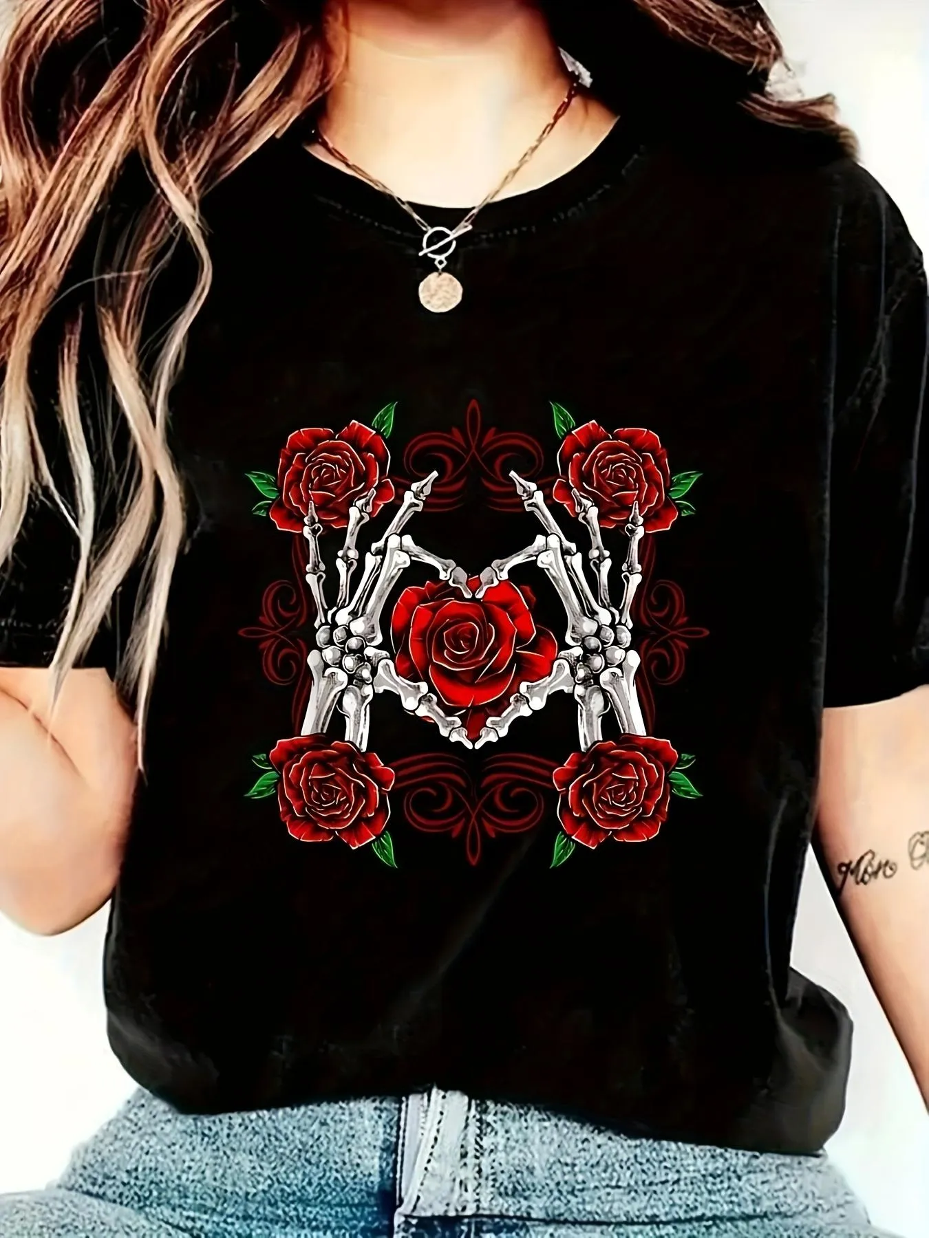 Tailorly Women's Printed Tee - Gothic Roses With Skeleton Hands Embracing A Blooming Red Heart Rose sold by Tailorly