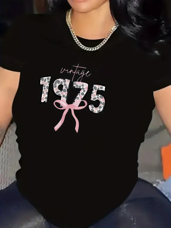 Tailorly Women's Printed Tee - Vintage Handwritten Letters Pink Bow With Floral Patterned Number 1975 made by Tailorly