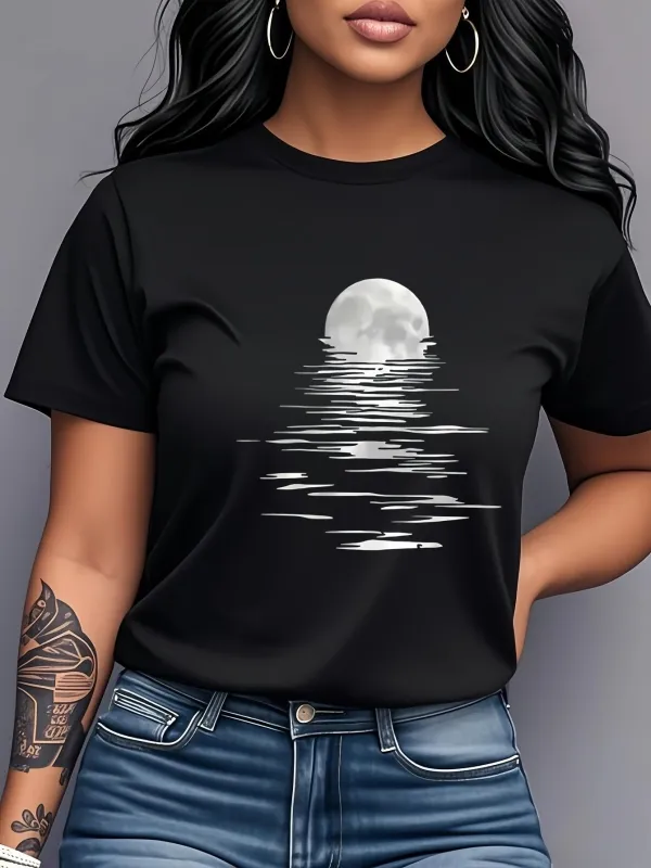 Tailorly Women's Printed Tee - Full Moon Shining Above Shimmering Water Reflection Moon made by Tailorly