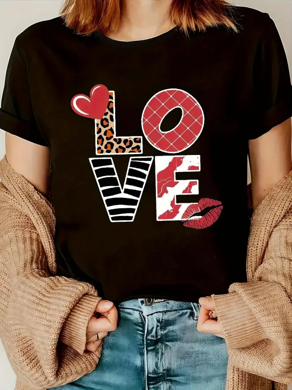 Tailorly Women's Printed Tee - Love Patterned Letters With Animal Print And Red Lip made by Tailorly