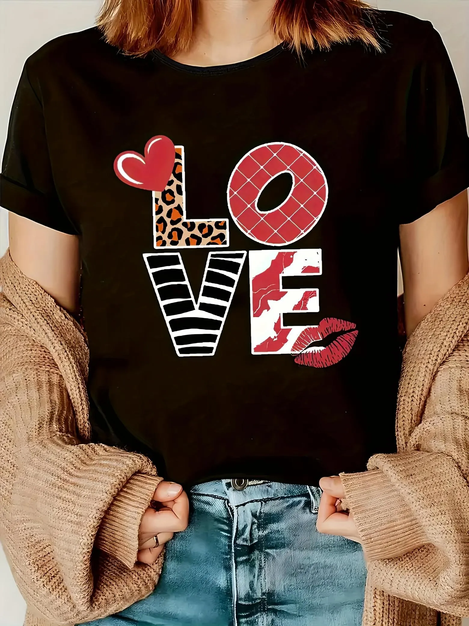 Tailorly Women's Printed Tee - Love Patterned Letters With Animal Print And Red Lip sold by Tailorly