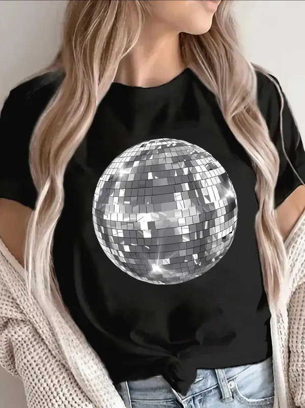 Tailorly Women's Printed Tee - Reflective Silver Shine With Glittering Geometric Pattern Disco Ball made by Tailorly