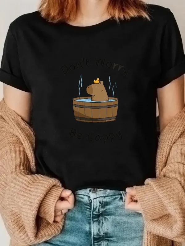 Tailorly Women's Printed Tee - Steaming Wooden Bath With A Relaxing Brown Capybara made by Tailorly