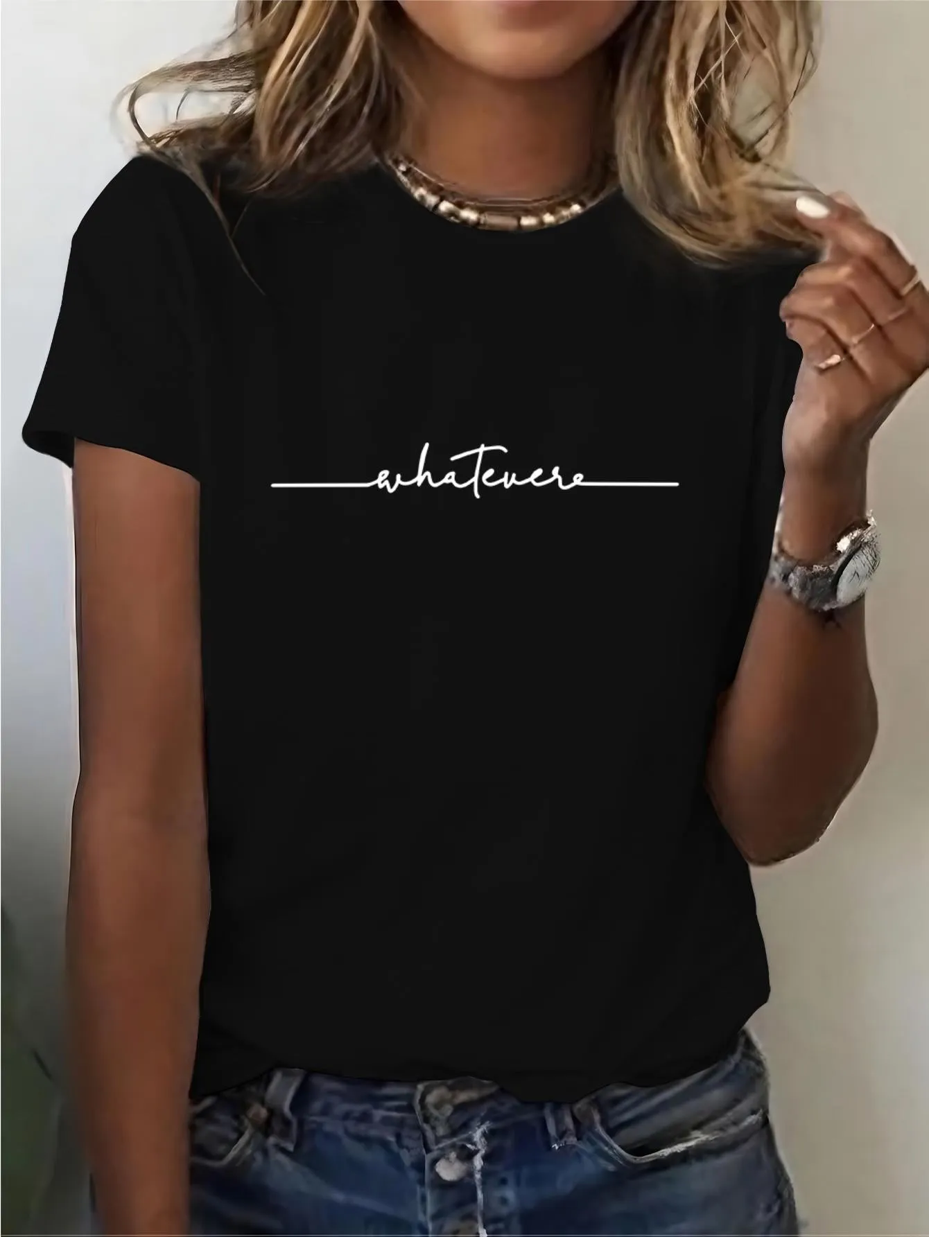 Tailorly Women's Printed Tee - Minimalist White Script Lettering On Soft Cotton Black T Shirt sold by Tailorly