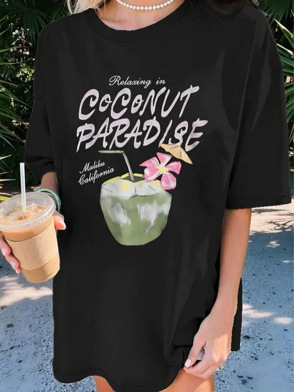 Tailorly Women's Printed Tee - Relaxing In Coconut Paradise With Pink Flowers And Fresh Green Coconut made by Tailorly