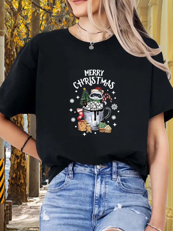 Tailorly Women's Printed Tee - Merry Christmas Festive Season With Cookies Tree And Hot Cocoa Mug made by Tailorly
