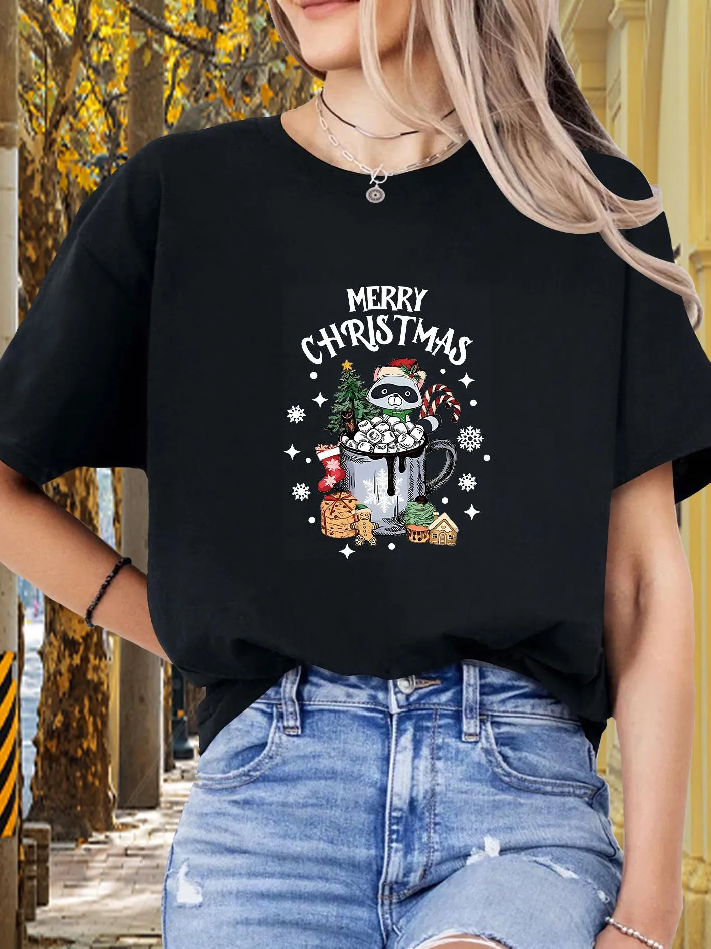 Tailorly Women's Printed Tee - Merry Christmas Festive Season With Cookies Tree And Hot Cocoa Mug sold by Tailorly