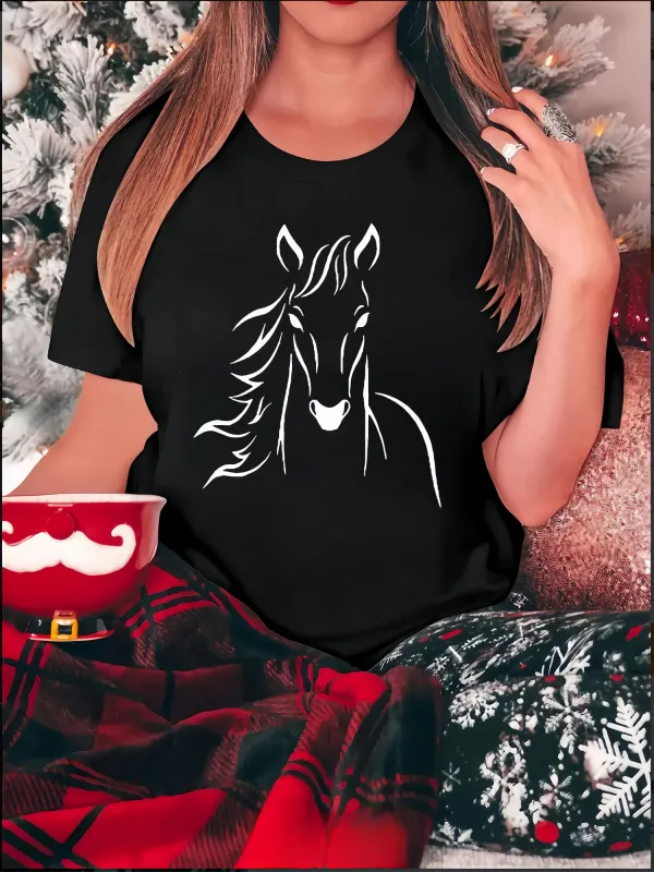 Tailorly Women's Printed Tee - Flowing White Lines Forming A Graceful Majestic Horse Portrait made by Tailorly