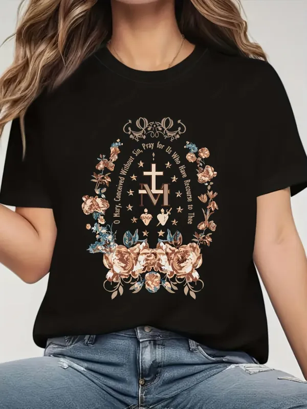 Tailorly Women's Printed Tee - Ornate Cross With Roses Surrounded By Sacred Symbolic Garden Cross made by Tailorly
