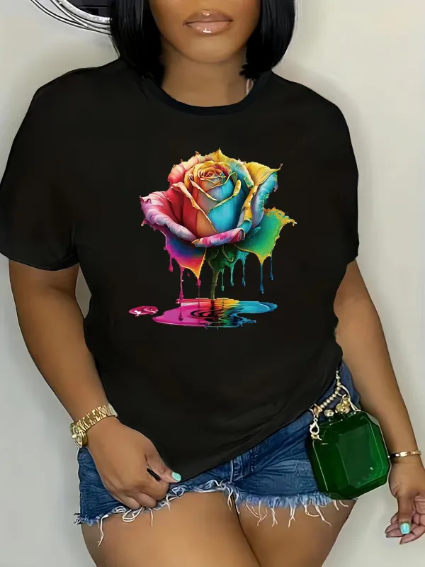 Tailorly Women's Printed Tee - Vivid Paint Splatters Flowing Over Vibrant Multicolored Melting Rose made by Tailorly