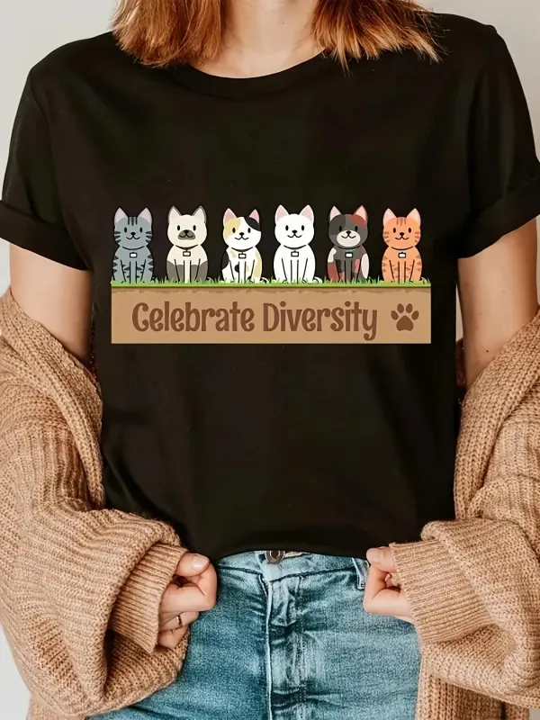 Tailorly Women's Printed Tee - Celebrate Diversity Playful Cats Sitting Calmly Together Cat made by Tailorly